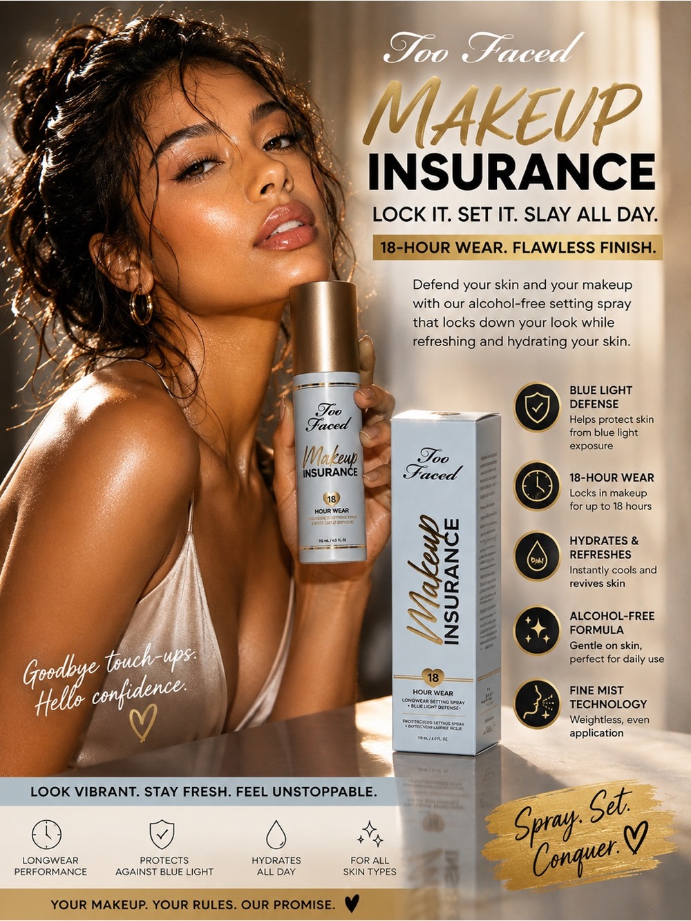 Too Faced Makeup Insurance Setting Spray — Gold and White Bottle